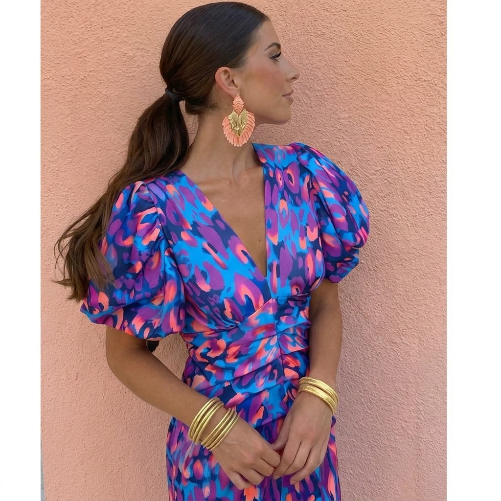Nutta | Printed Midi Dress With Puff Sleeves