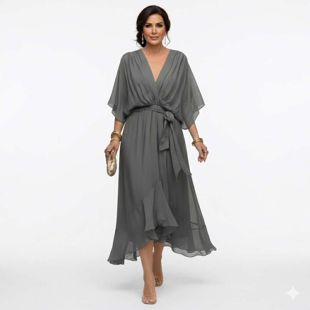 Zagda | Midi Dress V-Neck Batwing Sleeves