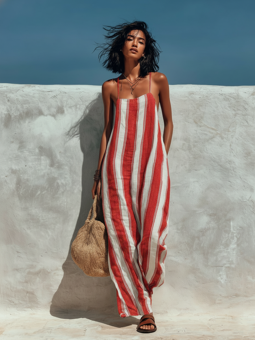 Lyliana - Striped Sleeveless Wide Leg Jumpsuit