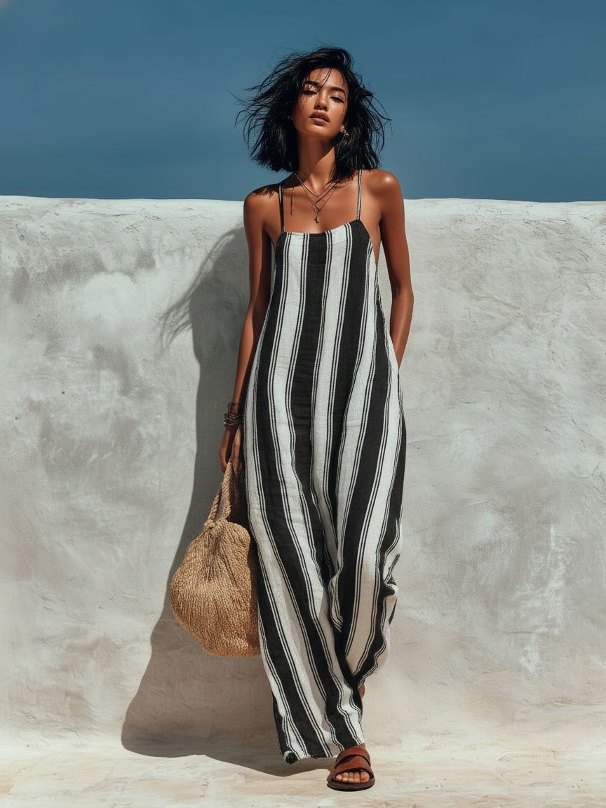 Lyliana - Striped Sleeveless Wide Leg Jumpsuit