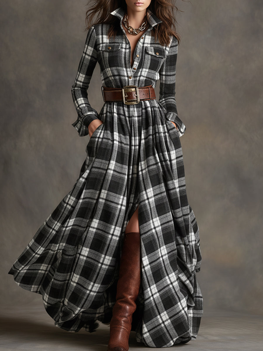 Hadasa | Checked Collared Button Front Maxi Dress