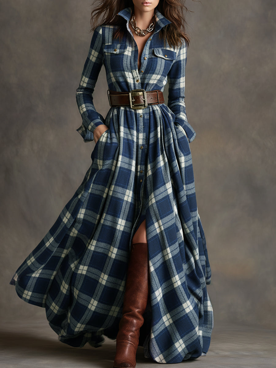 Hadasa | Checked Collared Button Front Maxi Dress