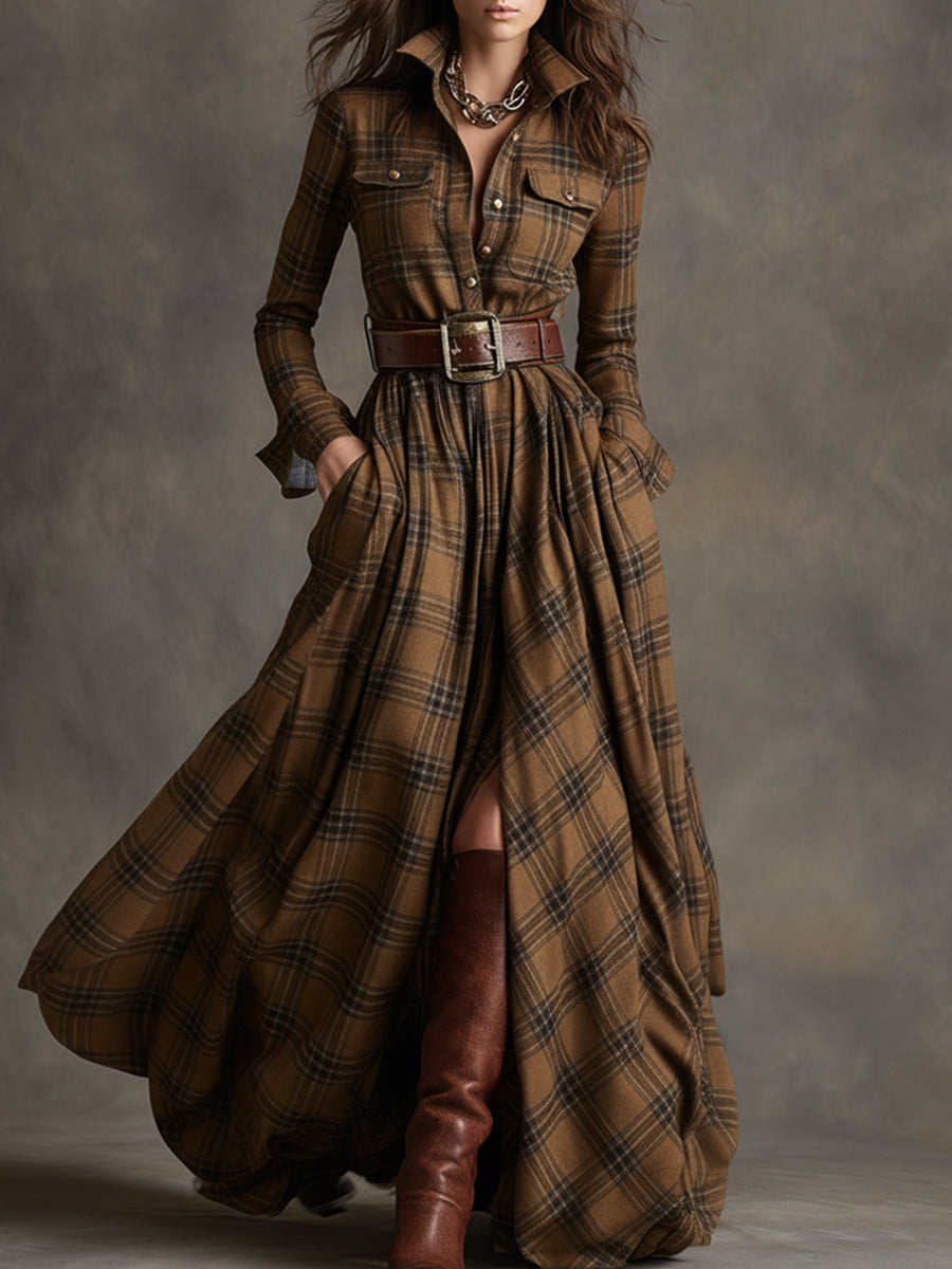 Hadasa | Checked Collared Button Front Maxi Dress