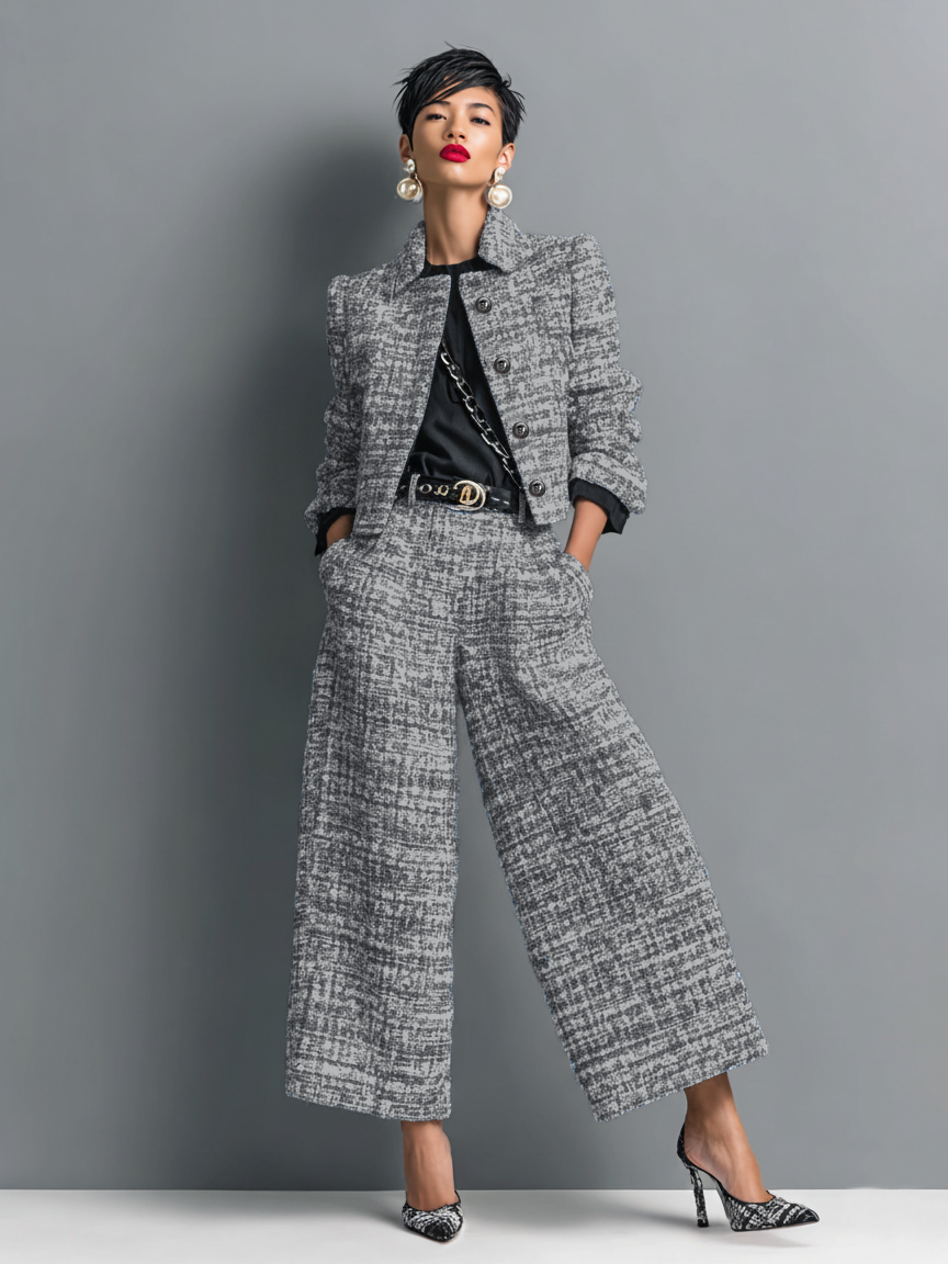 Aderet | Tweed Style Jacket Wide Leg Set