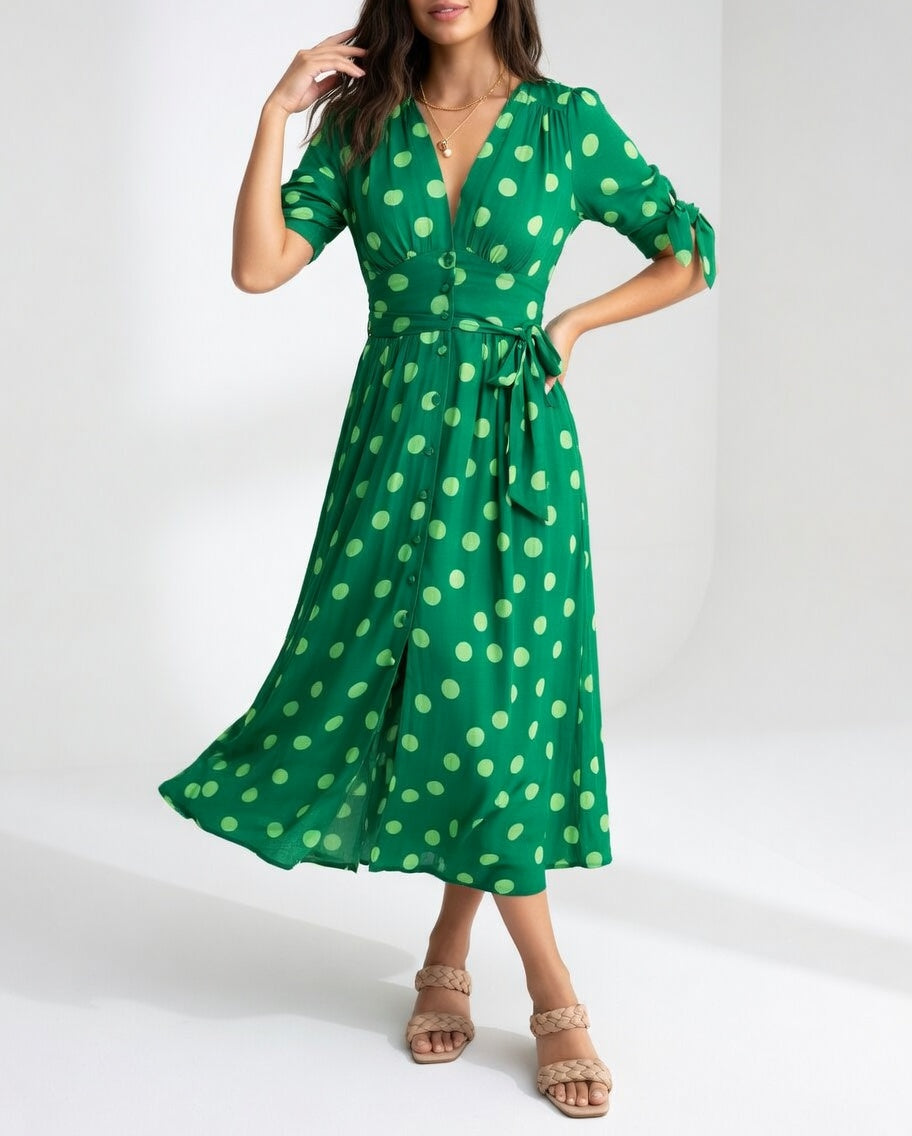 Fabienne | Polka Dot V Neck Midi Dress
