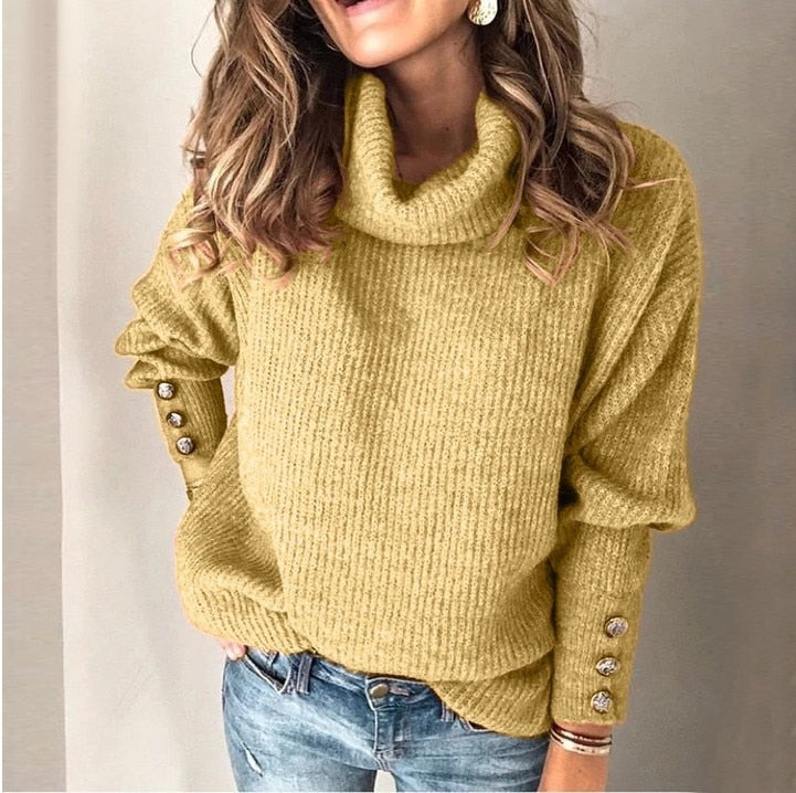 Clara | Rib Knit Turtleneck Jumper with Button Cuffs