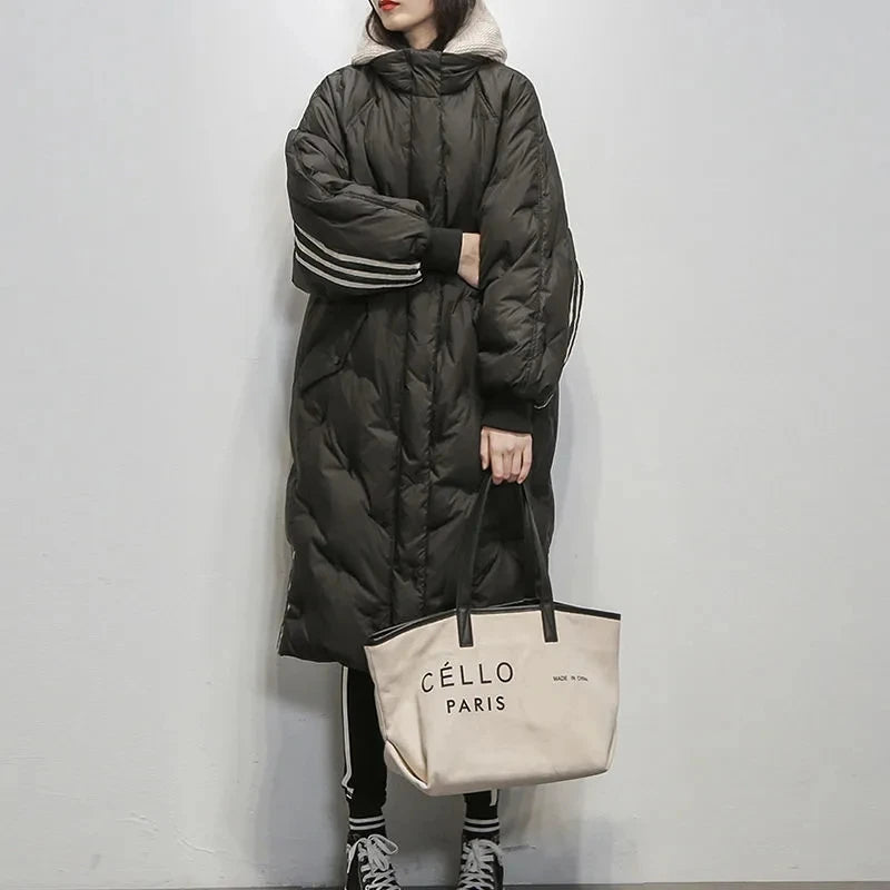 Lesley | Coat Quilted Hooded Longline with Striped Trim