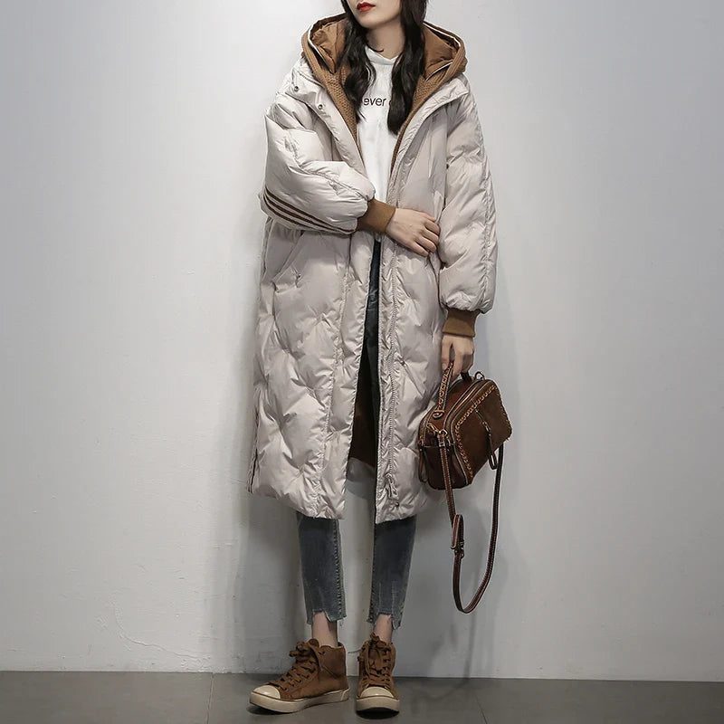 Lesley | Coat Quilted Hooded Longline with Striped Trim