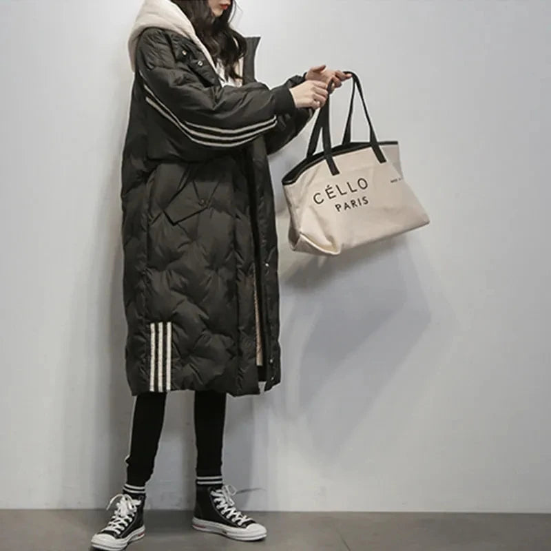 Lesley | Coat Quilted Hooded Longline with Striped Trim