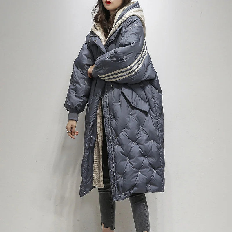 Lesley | Coat Quilted Hooded Longline with Striped Trim