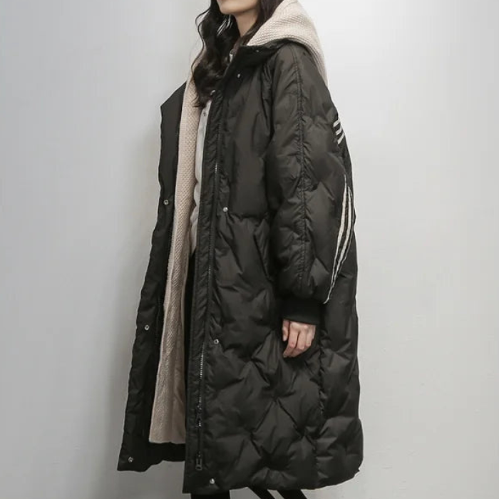 Lesley | Coat Quilted Hooded Longline with Striped Trim