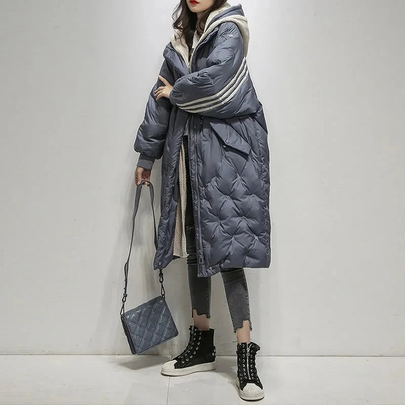 Lesley | Coat Quilted Hooded Longline with Striped Trim