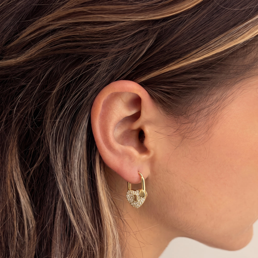 Koolen | Heart Lock Drop Hoop Earrings Gold