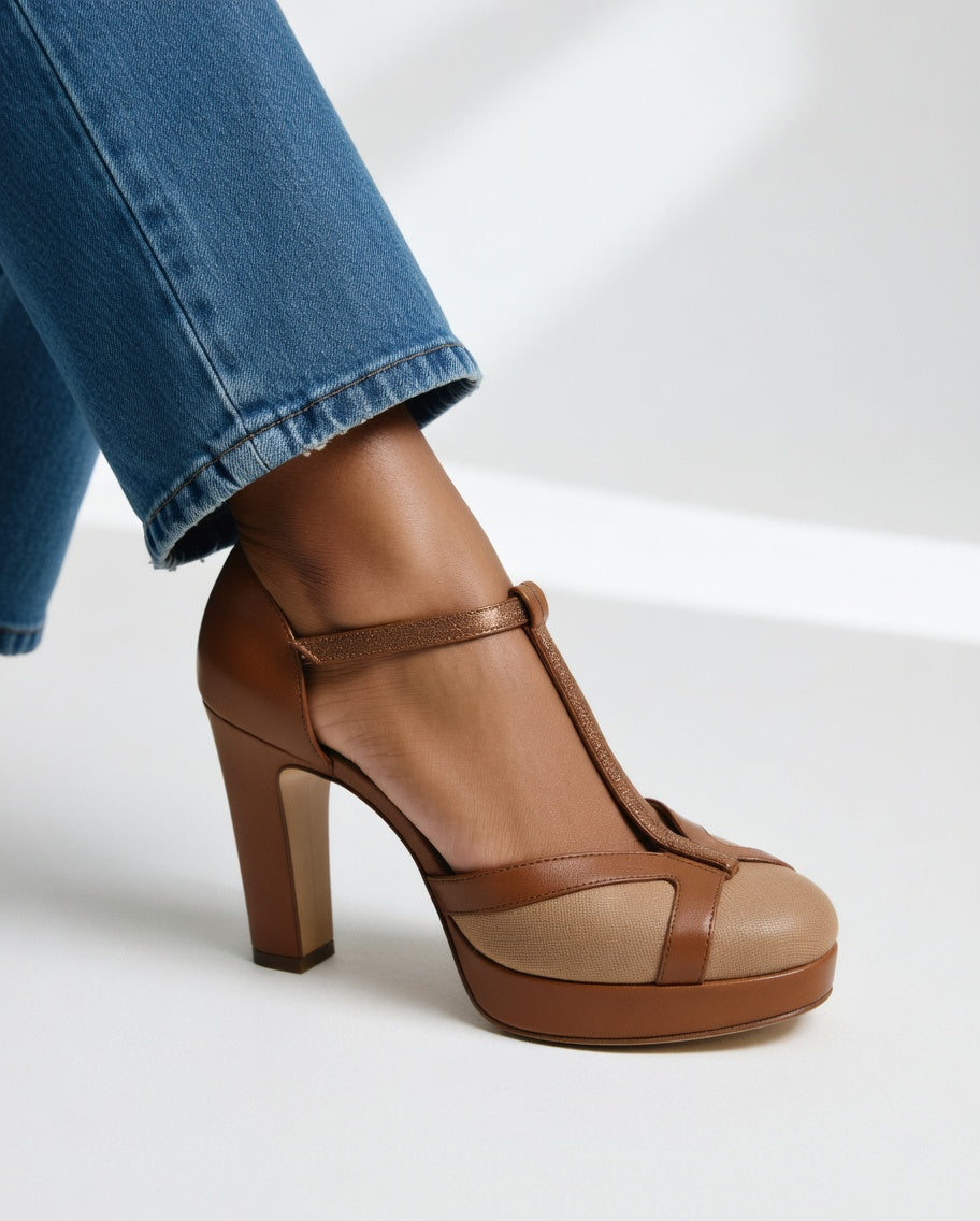 Delfinna | Brown Platform Block Heel Shoes