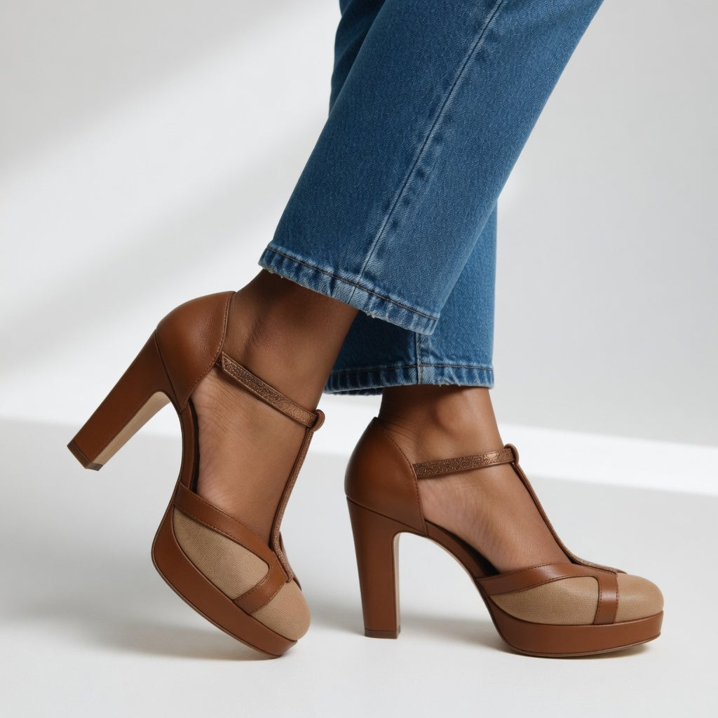 Delfinna | Brown Platform Block Heel Shoes