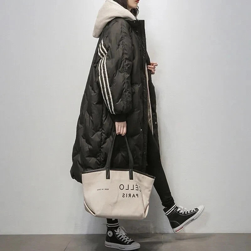 Lesley | Coat Quilted Hooded Longline with Striped Trim