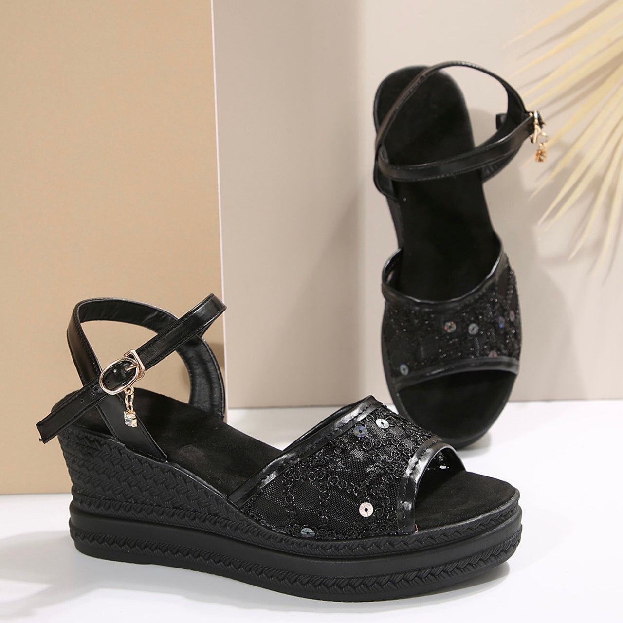 Cara | Lace Mesh Wedge Ankle Strap Sandals