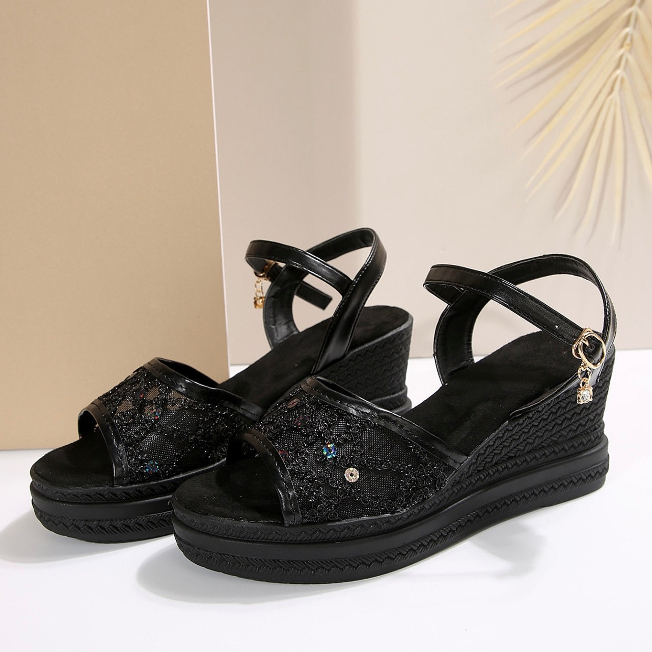 Cara | Lace Mesh Wedge Ankle Strap Sandals