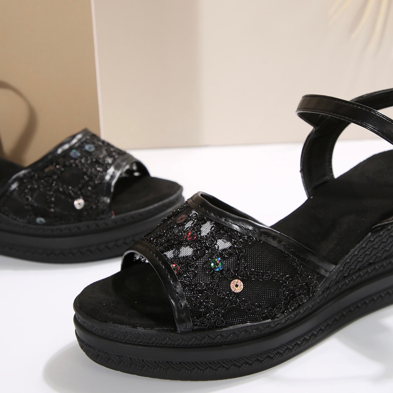 Cara | Lace Mesh Wedge Ankle Strap Sandals