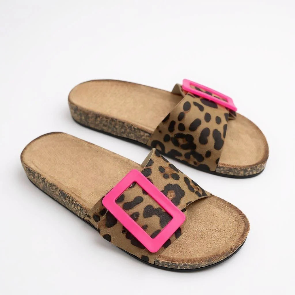 Nihya - Buckle Strap Slide Sandals Leopard Print