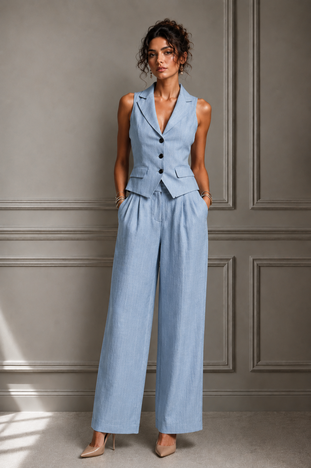 Jileena - Sleeveless Wide Leg Button Front Jumpsuit