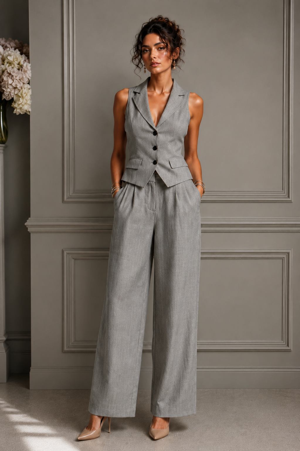 Jileena - Sleeveless Wide Leg Button Front Jumpsuit