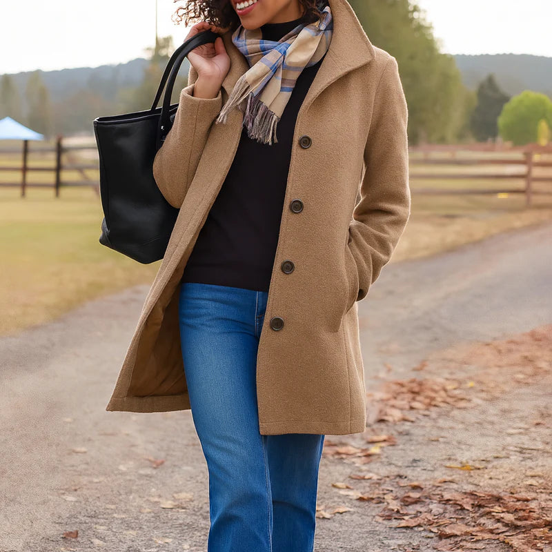 Quendra | Long Sleeve Button Front Mid-Length Coat