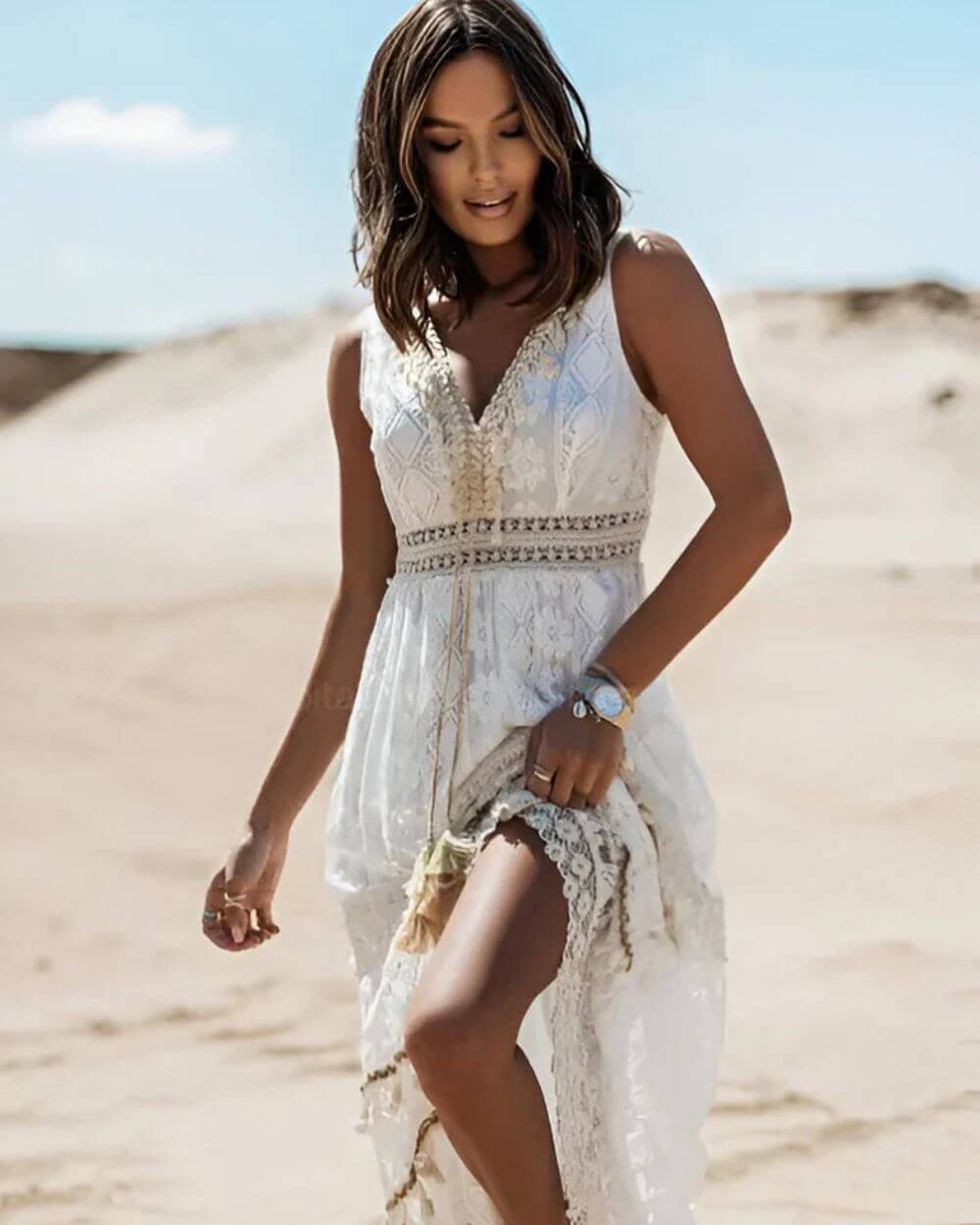 Jooli | Boho Lace Trim Sleeveless Maxi Dress
