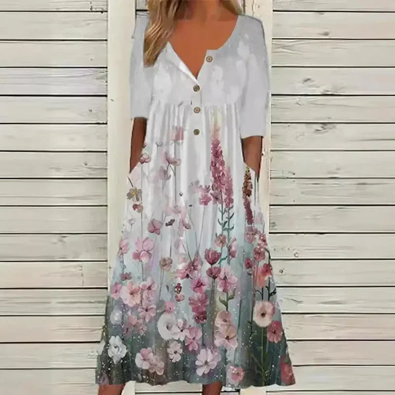 Elles | Floral Print V-Neck Button Midi Dress