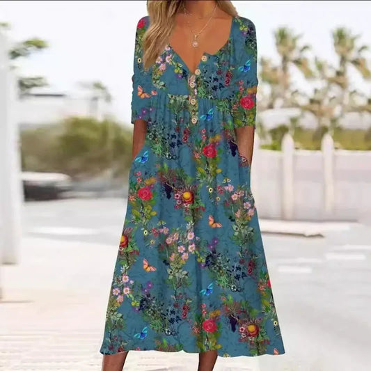 Elles | Floral Print V-Neck Button Midi Dress