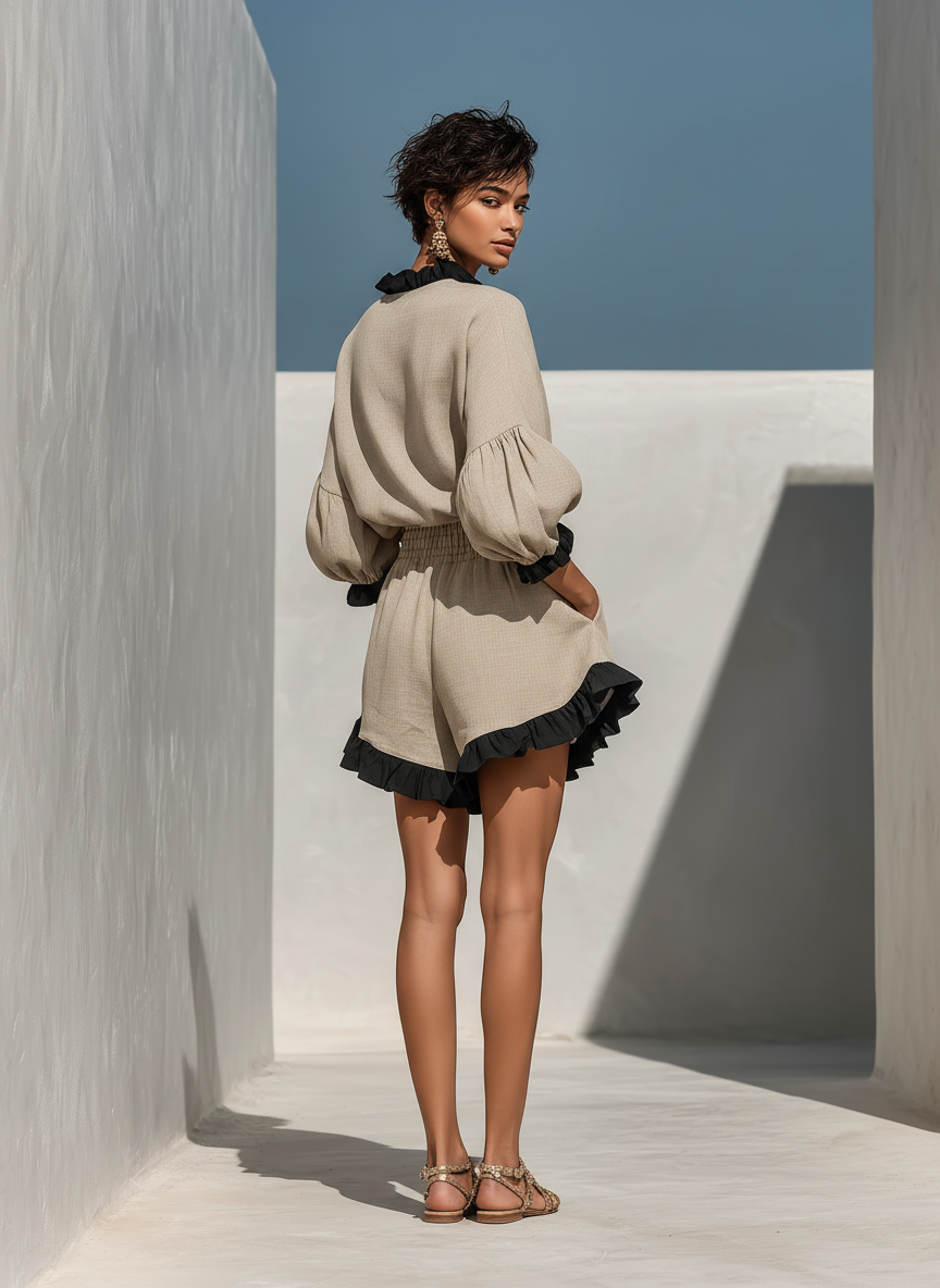 Simi | Beige Linen-Look Ruffle Trim Co-Ord