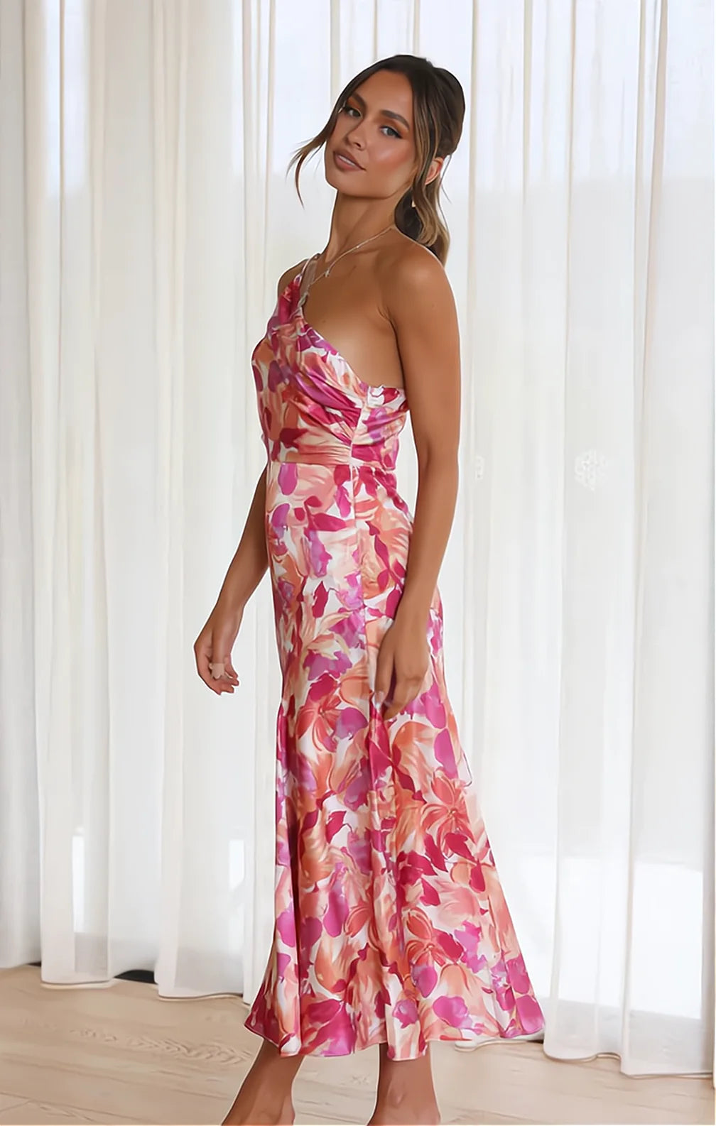 Cynthia | Dress One Shoulder Floral Satin Midi