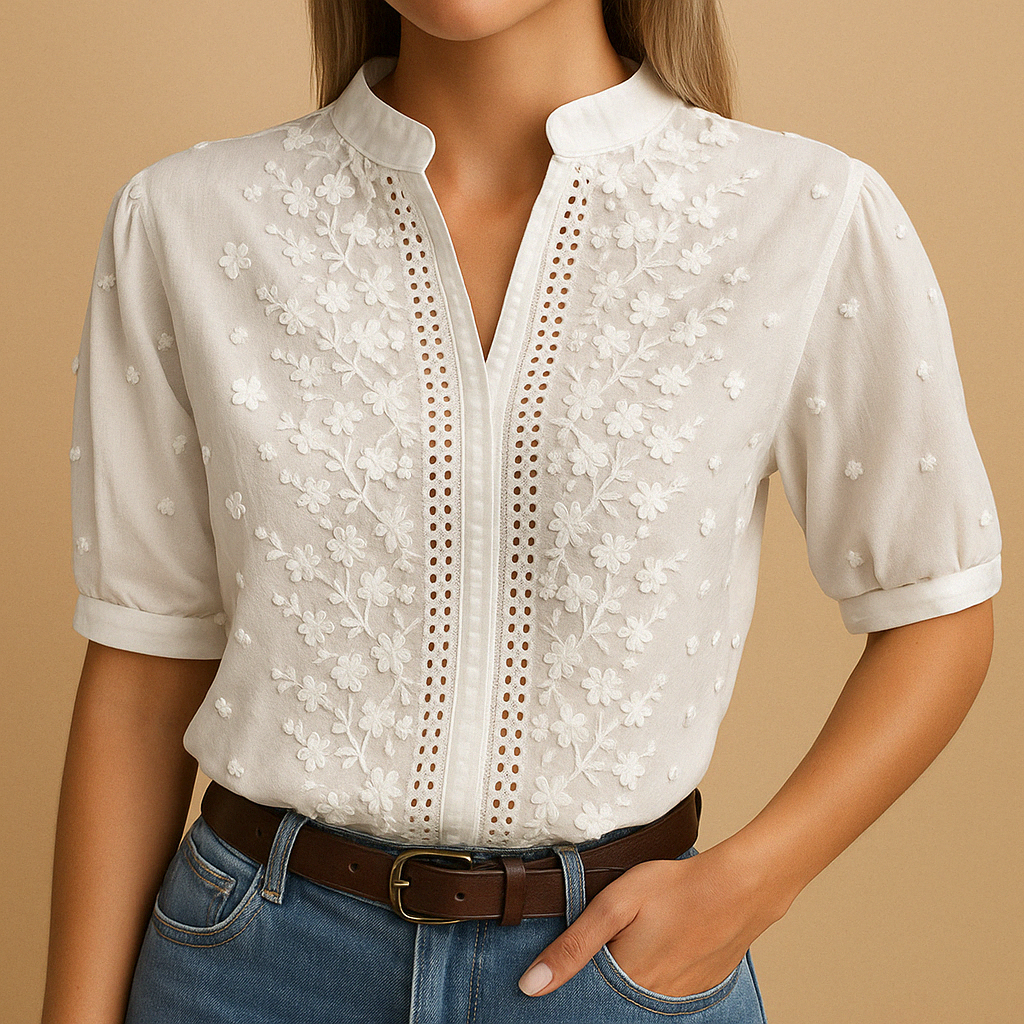 Leanaa - Floral Embroidered Short Sleeve Blouse