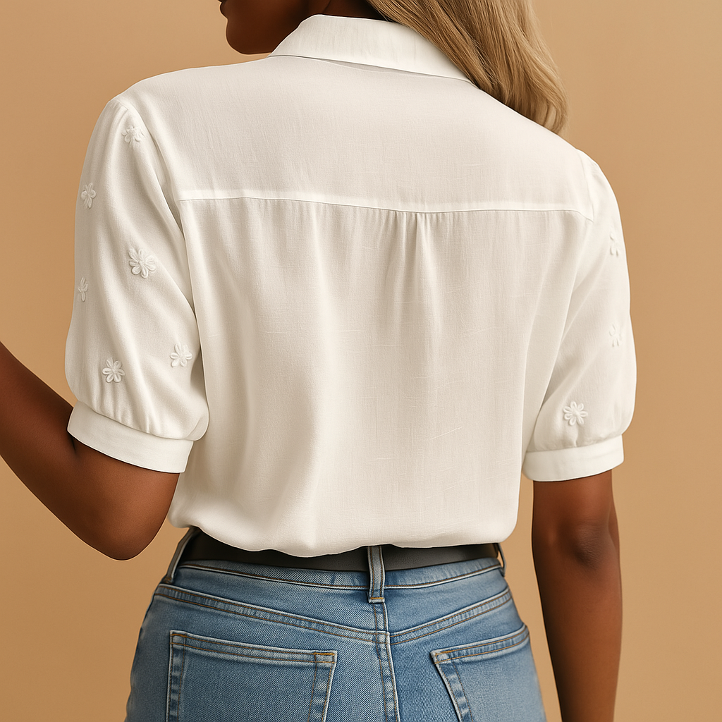 Leanaa - Floral Embroidered Short Sleeve Blouse