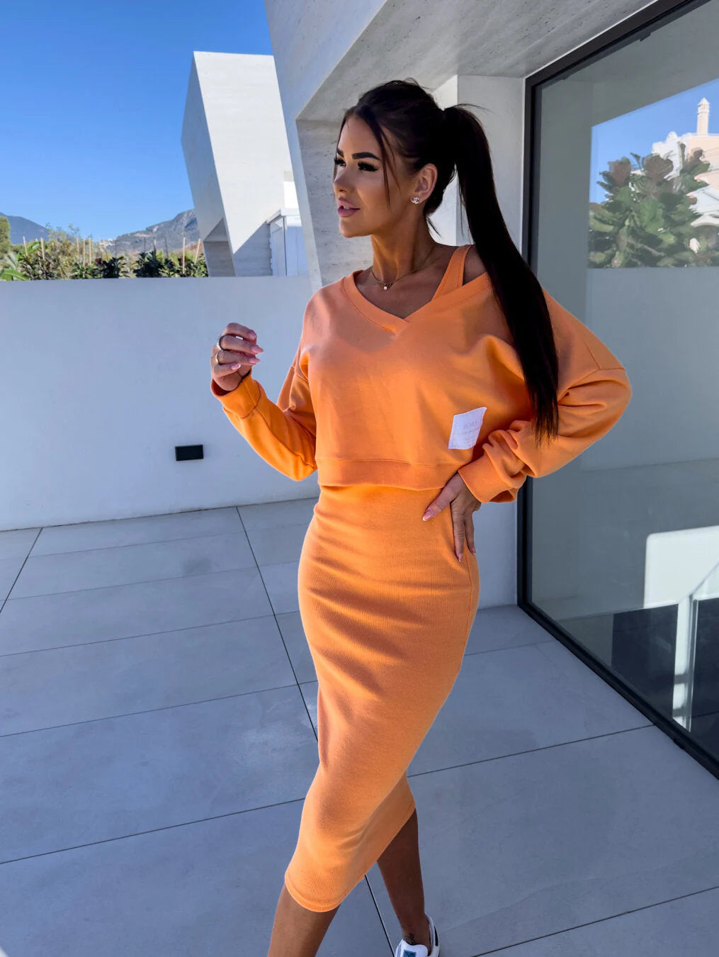 Latasha |  V-Neck Long Sleeve Midi Dress Set