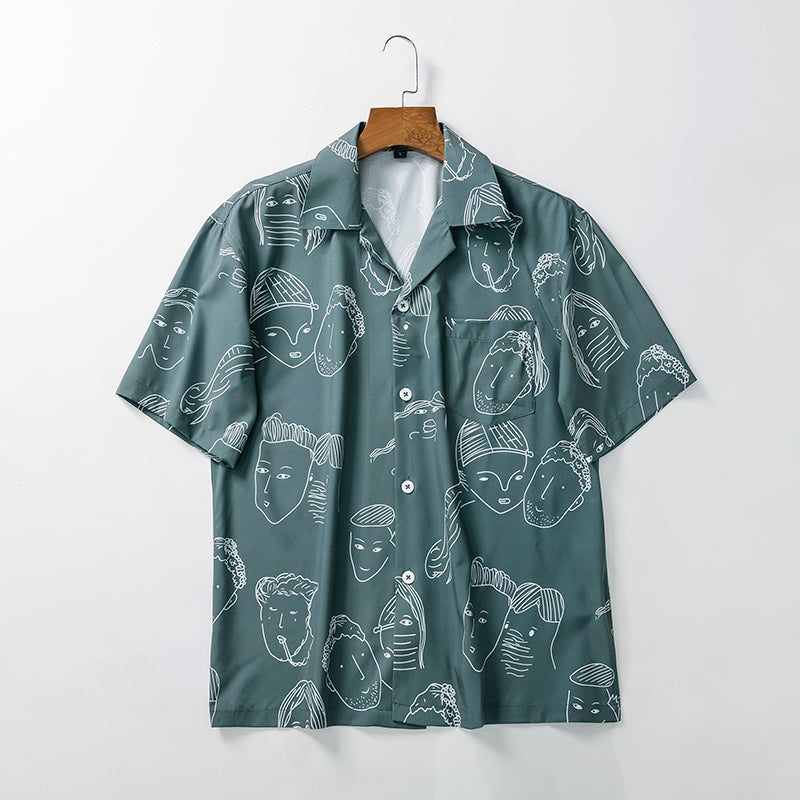 Bertrend | Abstract Face Print Short Sleeve Shirt