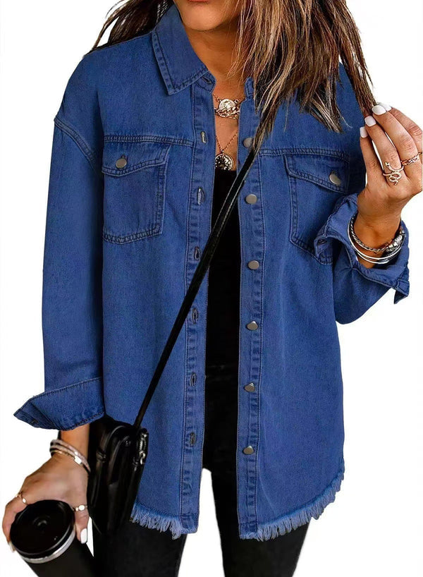 Kahlia | Denim-Style Shirt Jacket With Frayed Hem