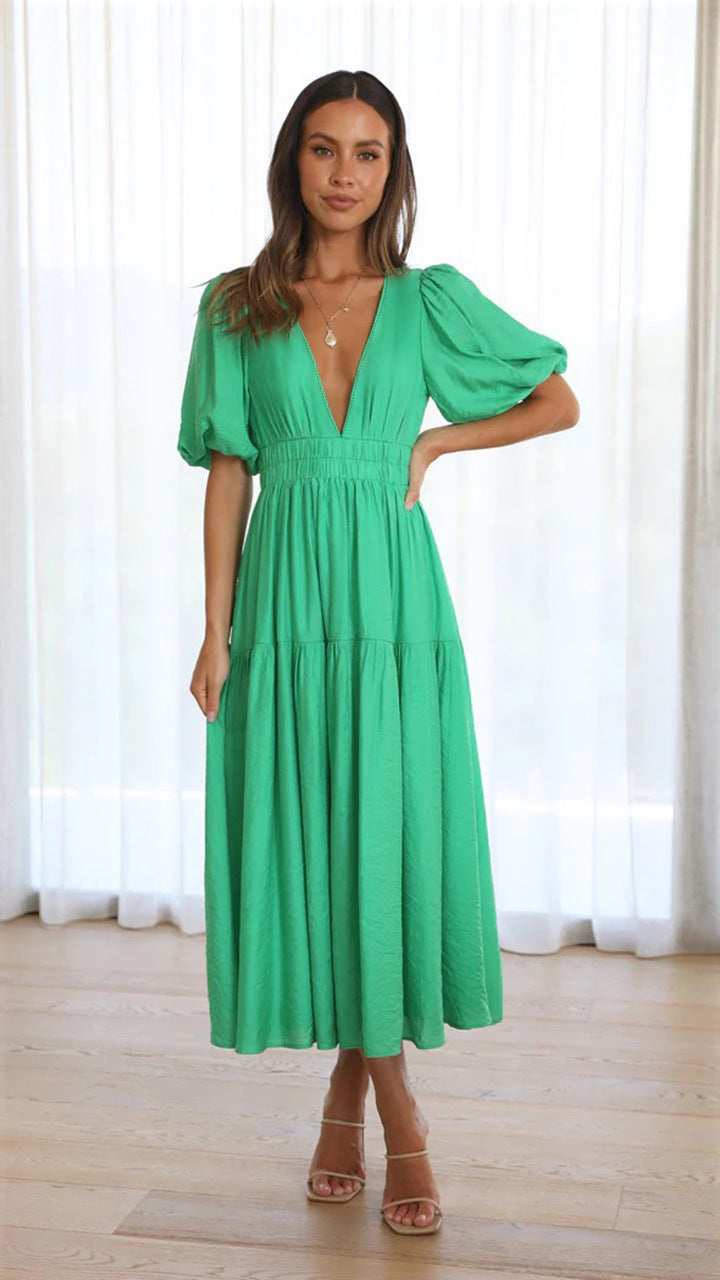 Delphine | Midi Dress With V Neck Puff Sleeves