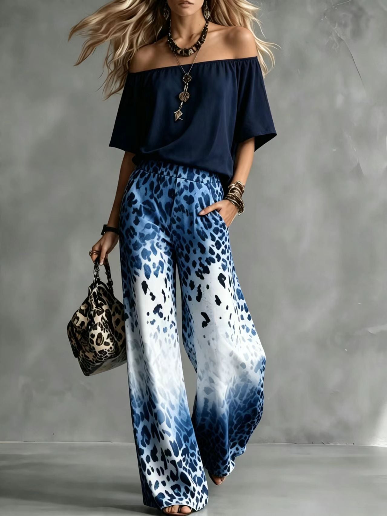 Rinia | Off-Shoulder Top and Printed Trouser Set