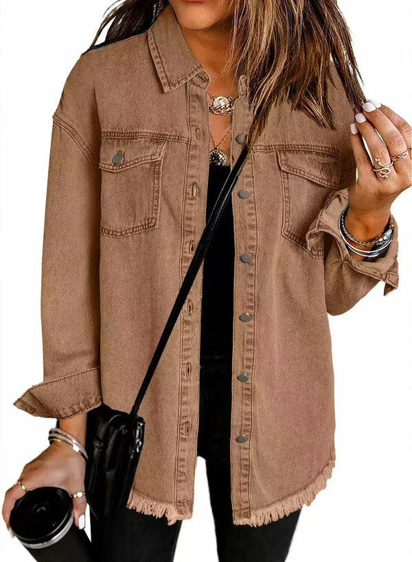 Kahlia | Denim-Style Shirt Jacket With Frayed Hem
