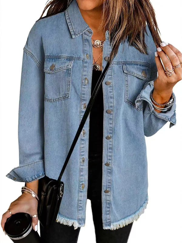 Kahlia | Denim-Style Shirt Jacket With Frayed Hem