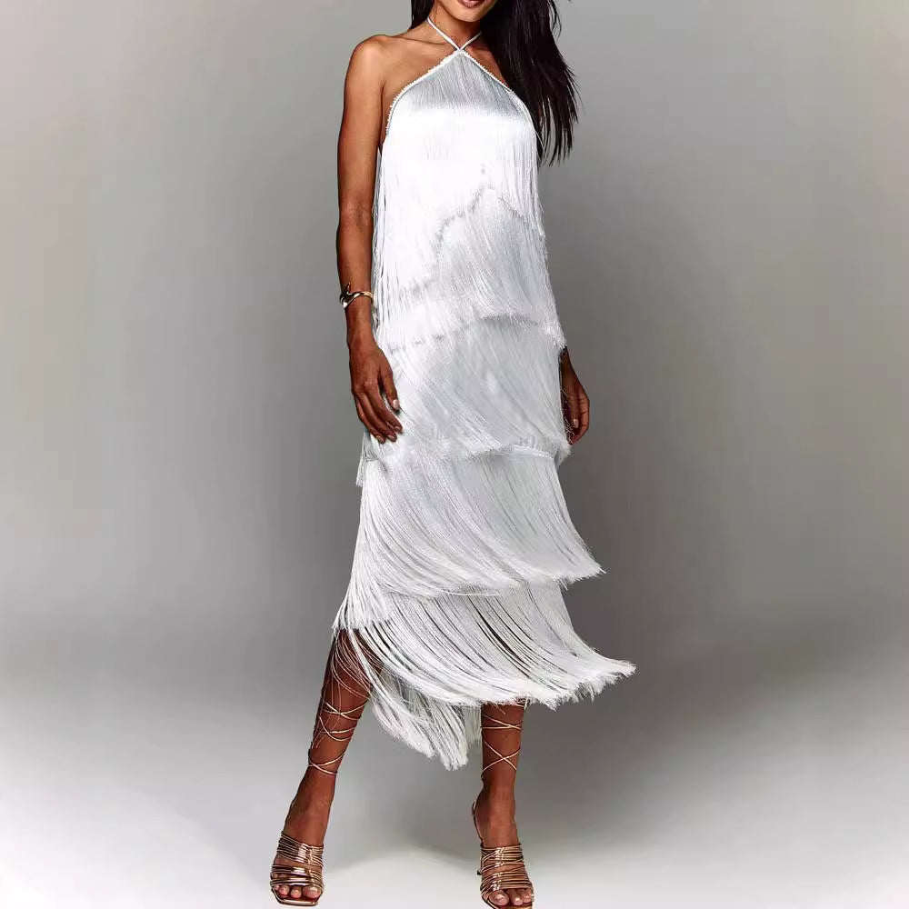 Eva | Fringe Halterneck Tiered Midi Dress