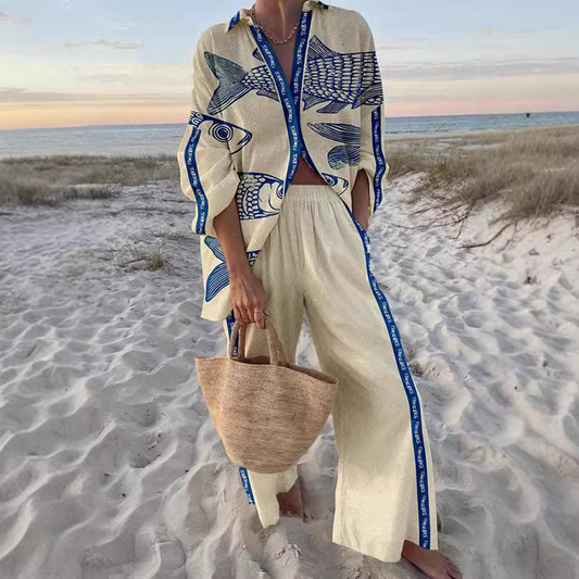 Lynikka | Two Piece Fish Print Wide Leg Set