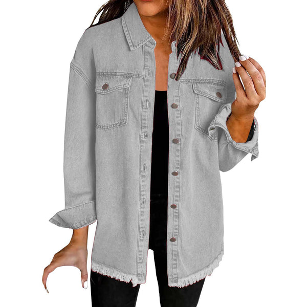 Kahlia | Denim-Style Shirt Jacket With Frayed Hem