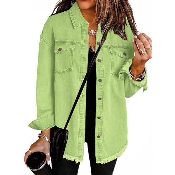 Kahlia | Denim-Style Shirt Jacket With Frayed Hem
