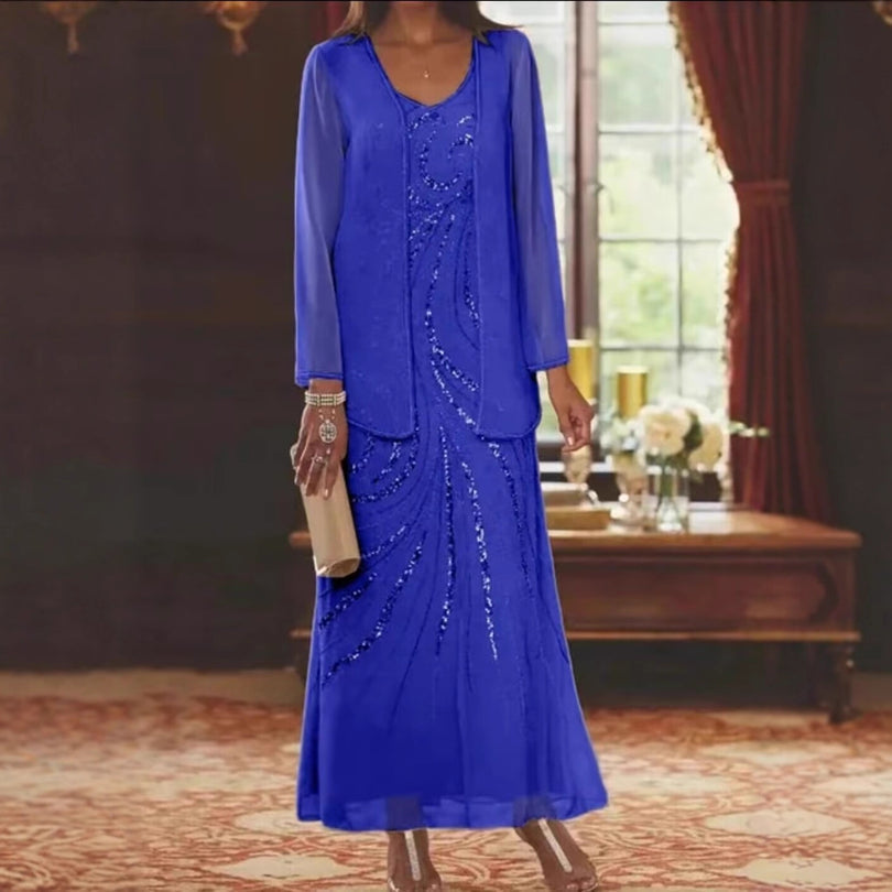 Jungmin | Chiffon Dress Set with Embellished Long Jacket