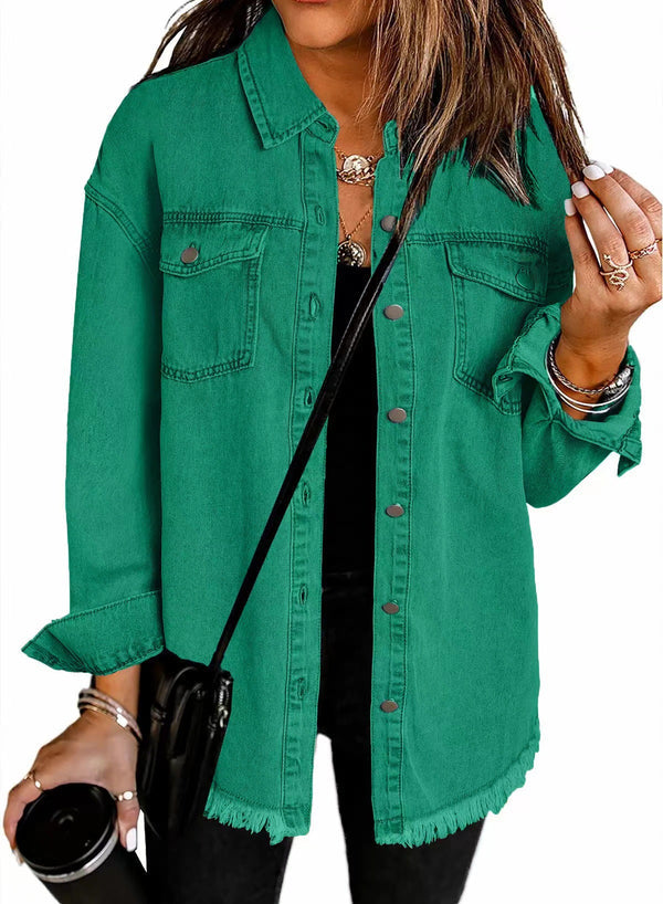 Kahlia | Denim-Style Shirt Jacket With Frayed Hem