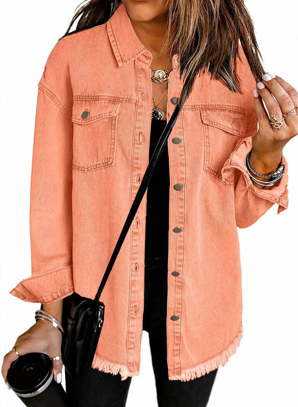 Kahlia | Denim-Style Shirt Jacket With Frayed Hem
