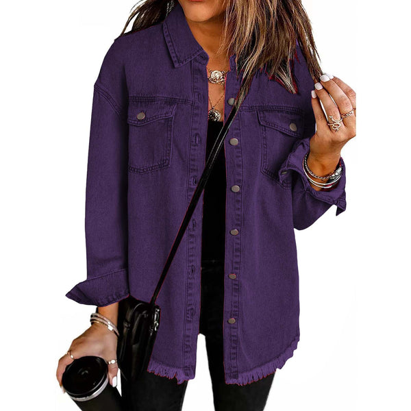 Kahlia | Denim-Style Shirt Jacket With Frayed Hem