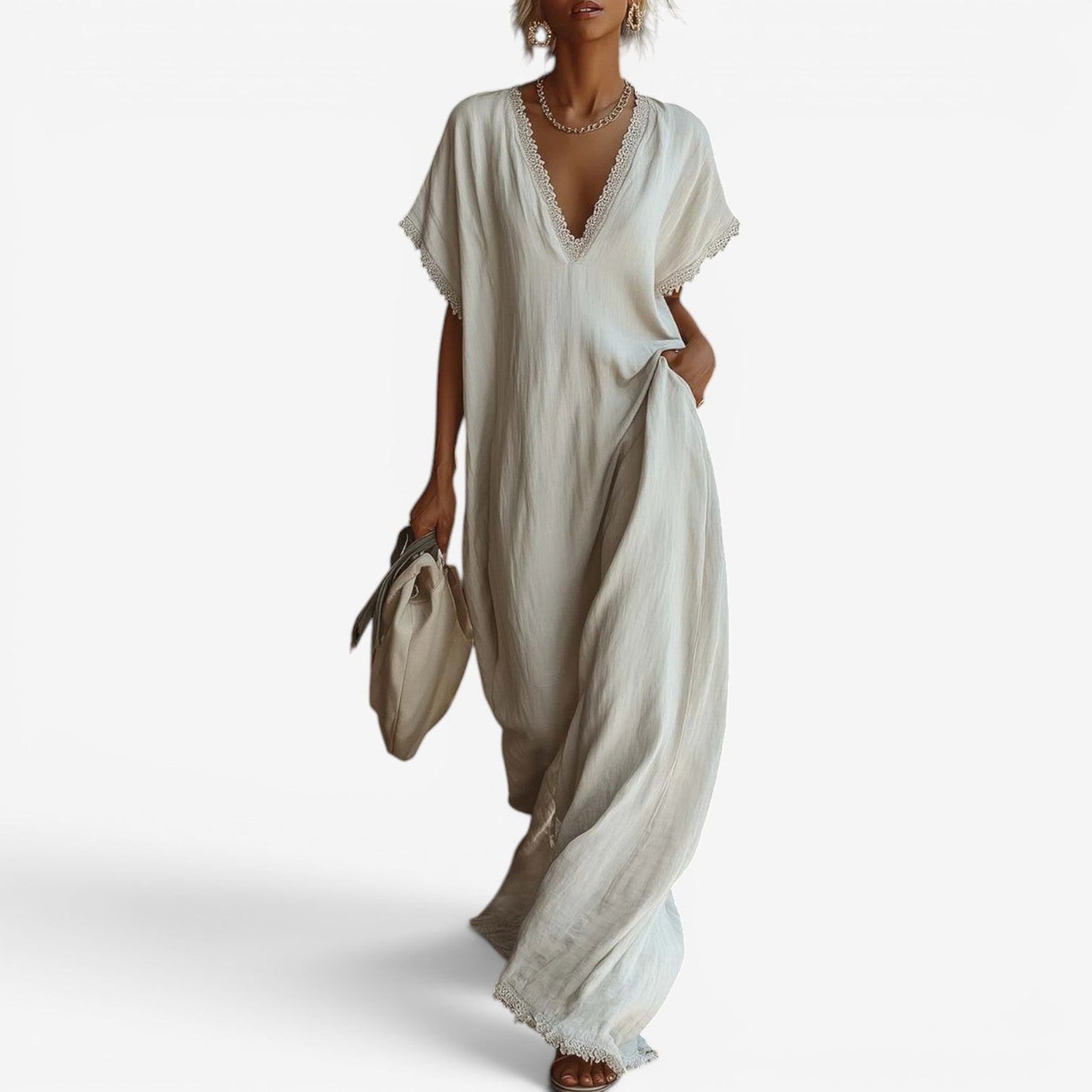 Farzana | Lace Trim V Neck Maxi Dress